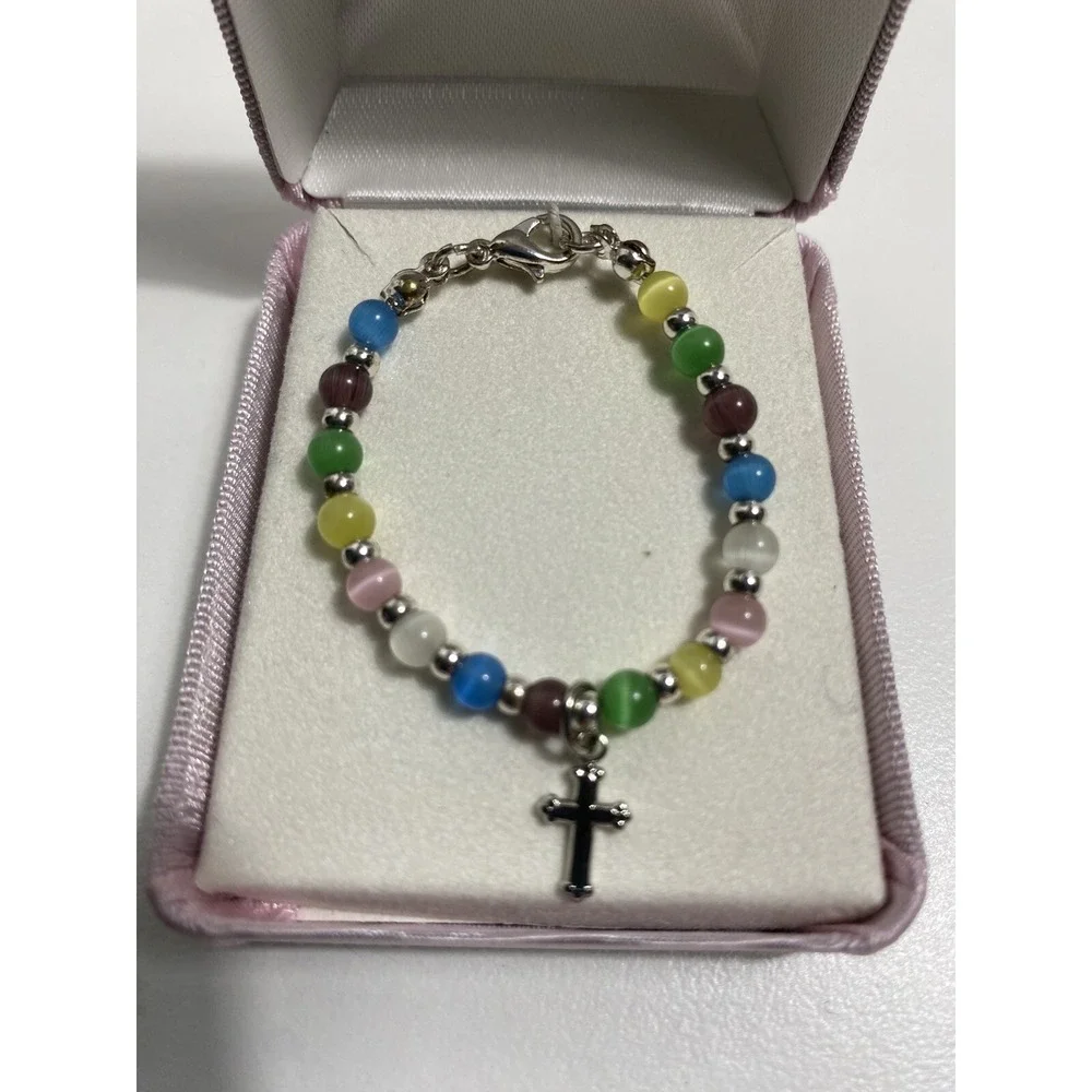 baby‎ bracelet Sterling silver Inspirational beaded multicolor cross charm NWT